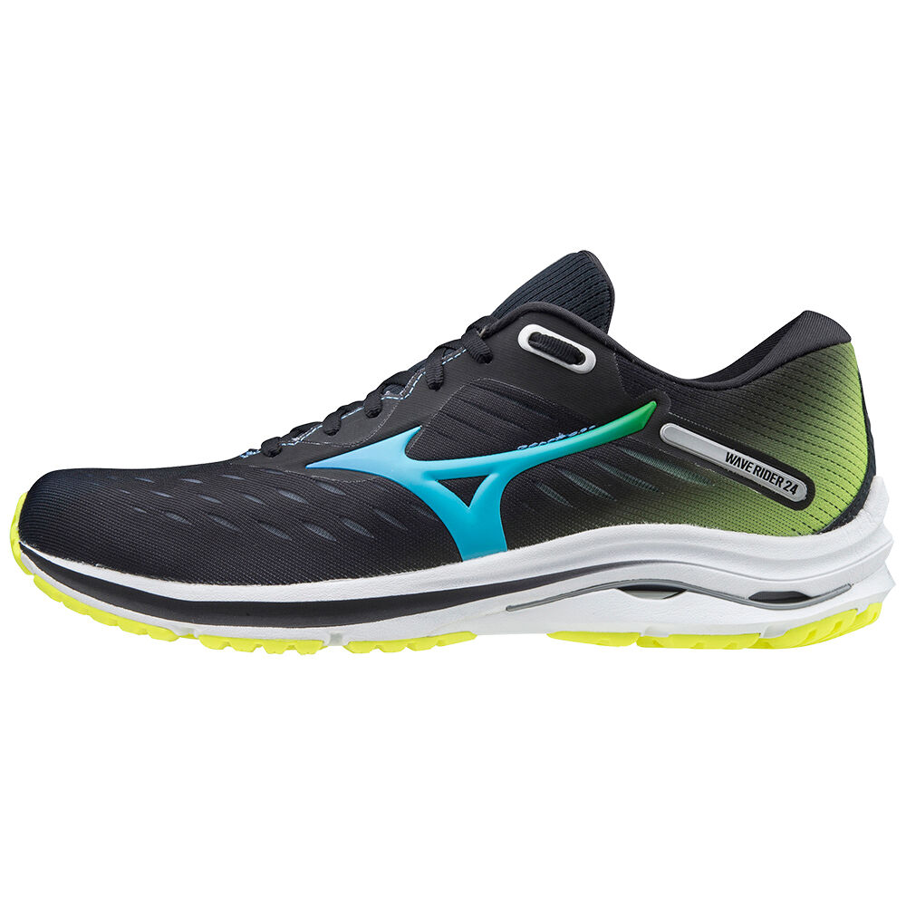 Tenis Para Correr Mizuno Wave Rider 24 Para Hombre Negros/Azules Turquesa/Amarillos 5689427-AE